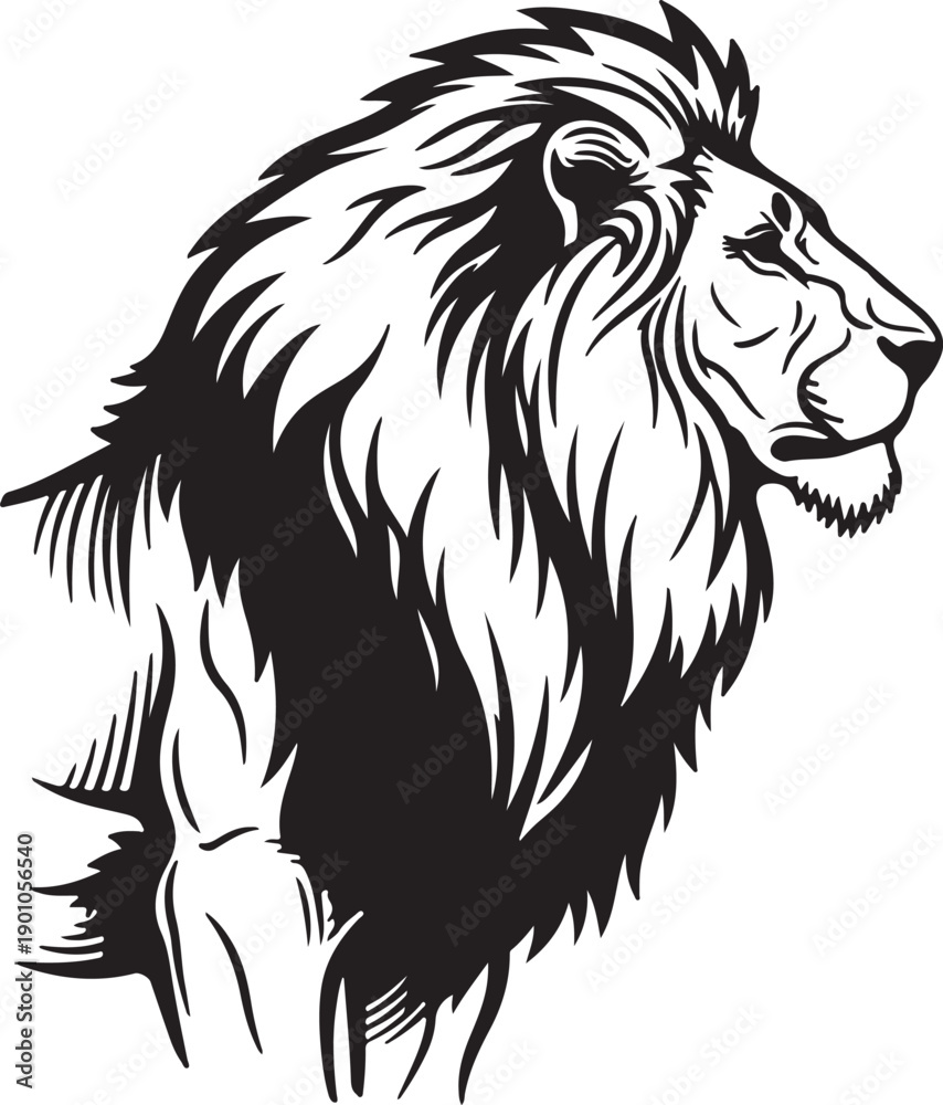 Fototapeta premium The magnificent head and upper body of a male lion, with a flowing mane, is depicted in a regal black and white engraving style illustration, symbolizing royalty. 