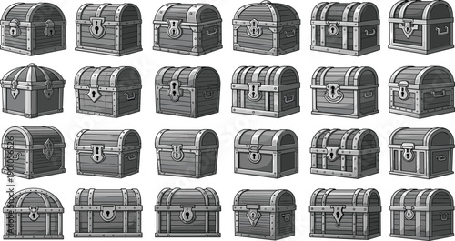 Treasure chest illustration collection featuring vintage wooden storage boxes isolated on white background vector fantasy pirate design set