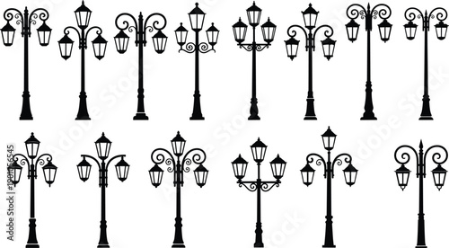 Vintage street lamp silhouette collection featuring decorative lantern posts isolated on white background vector urban lighting illustration design set