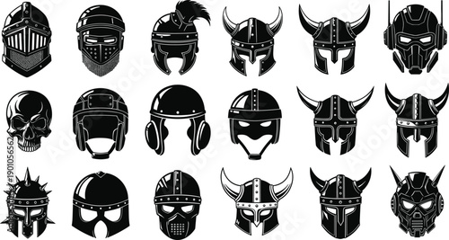 Warrior helmet silhouette collection featuring medieval viking knight skull and fantasy armor masks isolated on white background vector illustration set