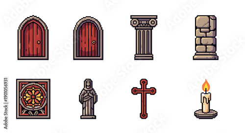 Pixel art medieval objects: doors, columns, religious icons, and candle designs