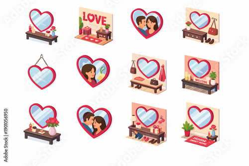 Love and home decor isometric illustrations set