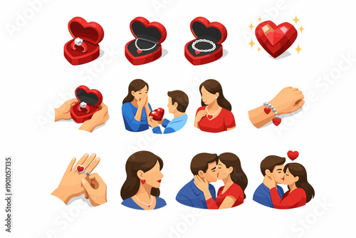 Romantic engagement and love themed illustrations