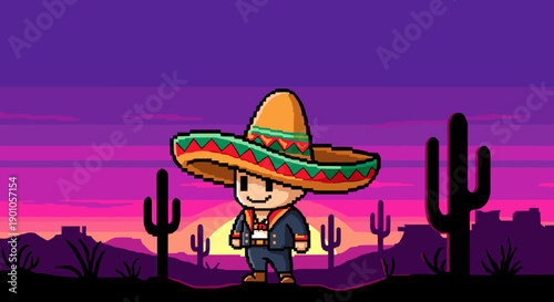 Pixel art sombrero character in desert sunset with cacti and mountains