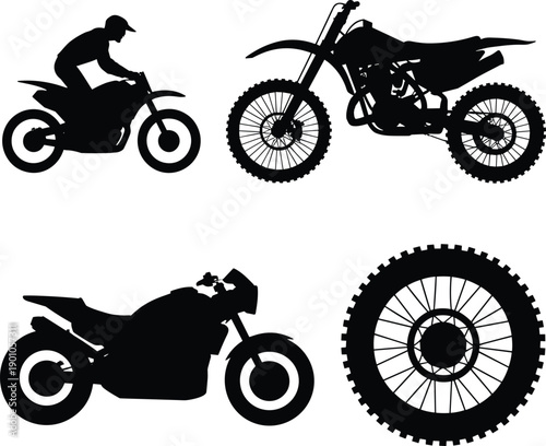 Black motorcycle silhouette vector set featuring sport bike, dirt bike, motorbike rider and wheel icon isolated on white background for transport design projects