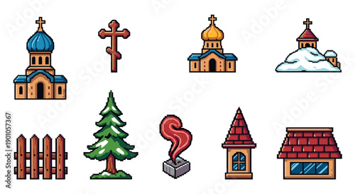 Colorful pixel art religious and architectural icons with church, trees, and roofs