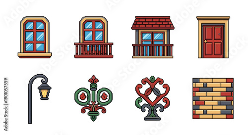 Pixel art building elements: windows, doors, and decorative accents