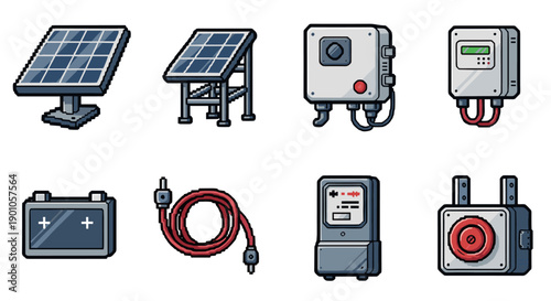 Pixel art solar energy icons: panels, controller, battery, inverter, cable, meter