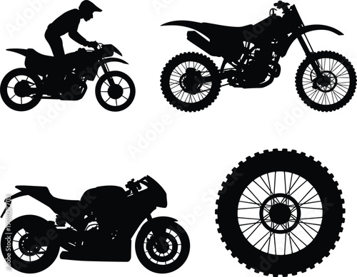 Black motorcycle silhouettes set featuring dirt bike motocross rider sport bike and wheel isolated on white background for racing transport design concepts