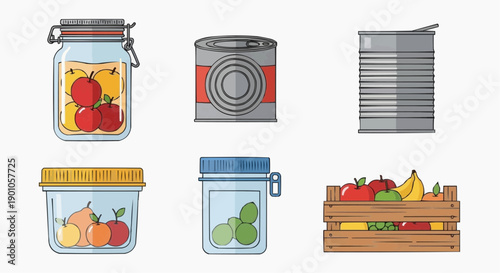 Assorted food items preserved in glass jars and a metal can with a wooden crate of fresh produce nearby indoors
