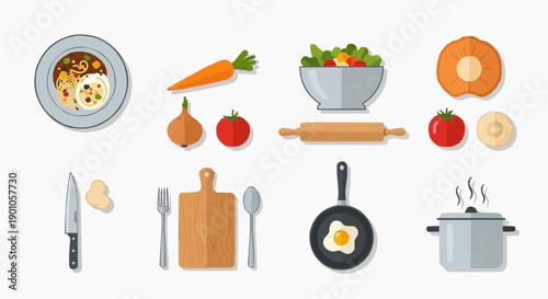 Kitchen utensils and ingredients arranged on a clean surface for food preparation