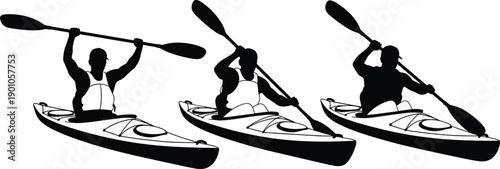 Black and White Vector Silhouette Set of Three People Kayaking on Water with Paddles for Outdoor Adventure Sports Recreation Tourism and Fitness Branding Projects