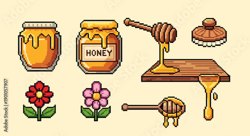 Colorful pixel art honey jars and blossoms with dripping sweetness