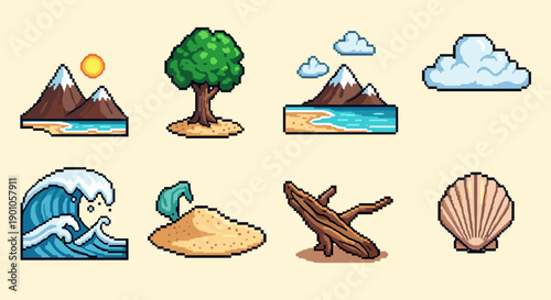 Pixel art nature elements with beach, tree, and waves in retro style