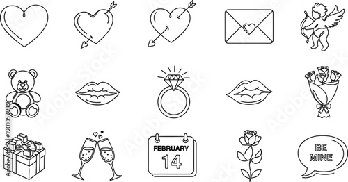 a collection of valentine s day line art icons depicting love and romance