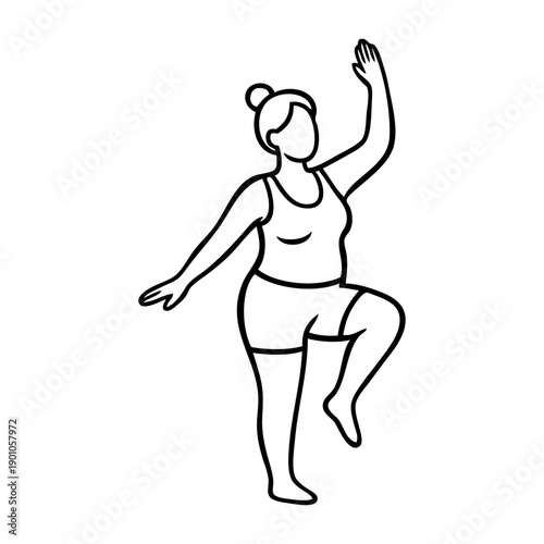 Dibujo sencillo con líneas de una mujer con sobrepeso, con ropa deportiva, haciendo ejercicio físico para perder peso