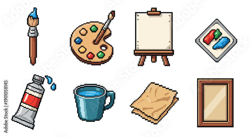 Pixel art painting tools set with brush, palette, easel, canvas, and paints