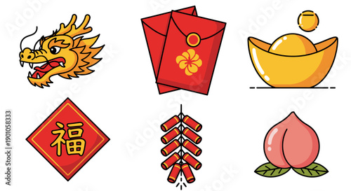 Vibrant Chinese New Year elements including dragon, envelopes, gold ingot, calligraphy, lantern, and peach, symbolizing prosperity and good fortune in a festive digital illustration.