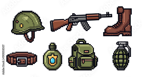 Retro pixel military icon set: helmet, rifle, and gear collection