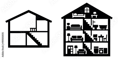 Simple house cross-section icons set featuring empty and furnished room layouts for real estate and home design