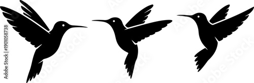 Three hummingbirds in flight, silhouetted against a plain background, showcasing their dynamic motion and wing movement from different viewpoints.