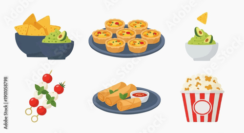 Assorted snacks and finger food arranged on plates and bowls, including chips, guacamole, nachos, tomatoes, spring rolls, and popcorn