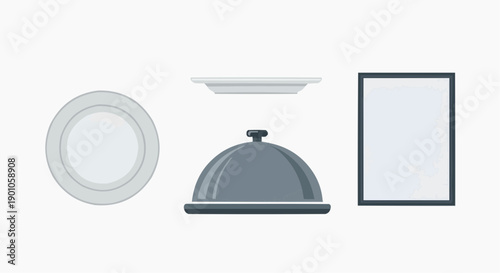 Restaurant table setting with plate, serving dish, cloche, and picture frame on a clean surface