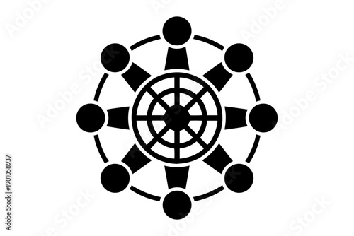 dharma wheel, a symbol of the buddhist faith, presented in a minimalist, symbolic graphic style. 