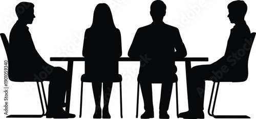 Business meeting silhouettes of professional team sitting at conference table discussing strategy, negotiation, partnership, leadership, corporate decision making in modern office setting