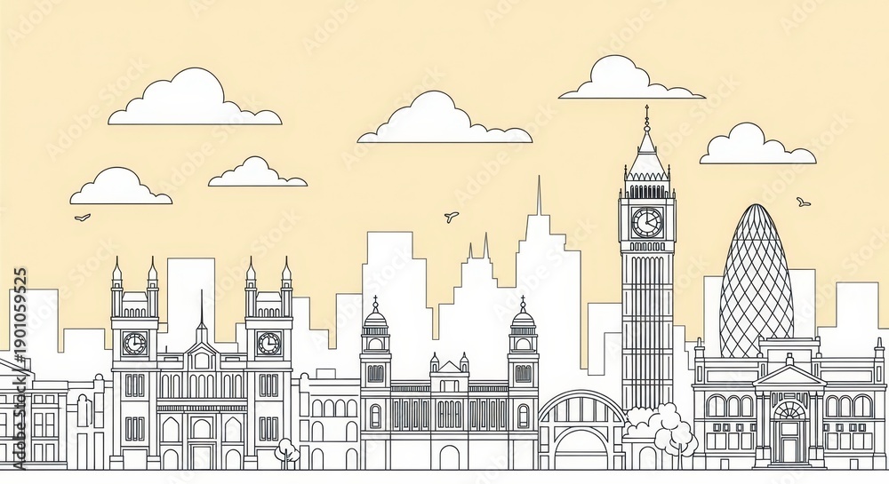 Obraz premium London Skyline Outline Drawing: Iconic Landmarks and Cityscape