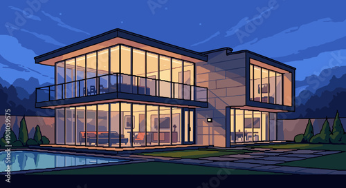 Modern pixel art home with glass walls and nighttime ambiance
