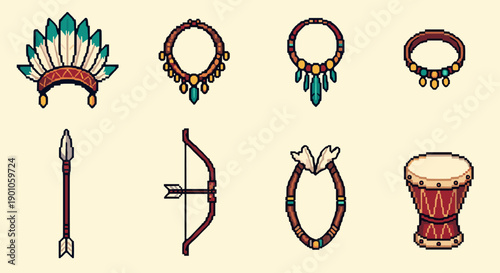 Pixel art tribal accessories: headress, arrows, bow, and drum set