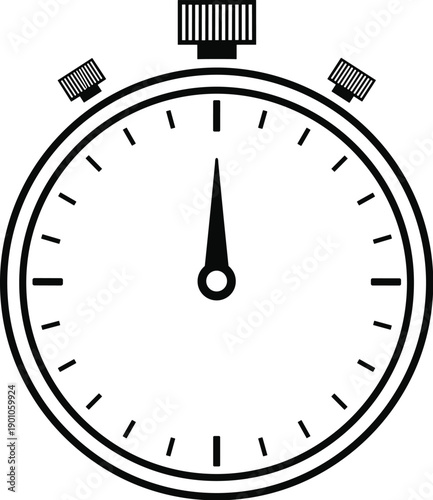 Black and white illustration of stopwatch with circular face, tick marks, three buttons, single hand pointing upward, symbolizing precise timing