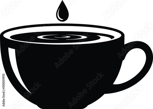 Black and white silhouette of coffee cup with droplet falling, concentric ripples on liquid surface, minimalist design symbolizing refreshment