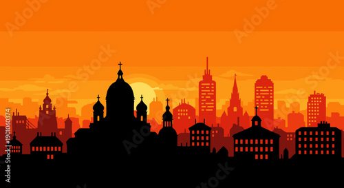Pixel art cityscape at sunset with skyline silhouette and orange sky