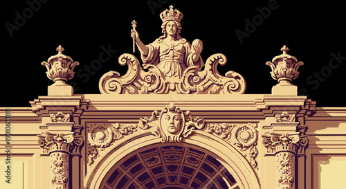 Baroque architectural detail with ornate sculpture and columns against black background