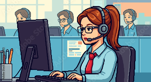 Customer service center with professionals using headsets in an open office