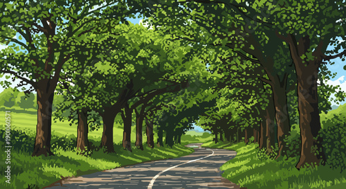 Peaceful tree canopy over winding road in sunlit forest scene
