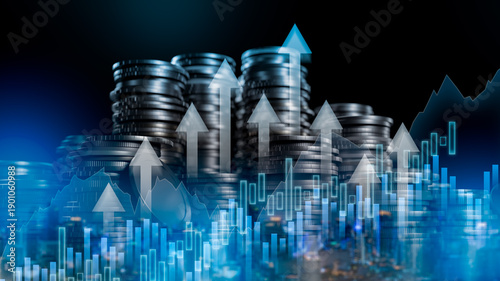 Double exposure of city and rows of coins for finance and banking.Financial stock market graph and rows of coins growth,business investment and currency exchange on city background.finance concept