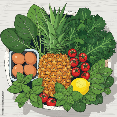 Vector illustration of a bowl filled with fresh fruits and vegetables including pineapple, eggs, cherry tomatoes, and leafy greens on a wooden surface