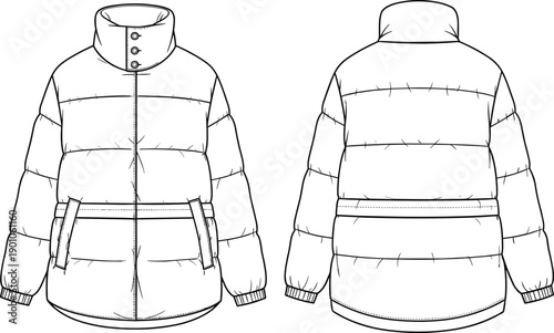 Puffer jacket technical fashion illustration showing front and back views of insulated winter outerwear design line art isolated on white background