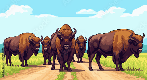 Retro pixel art bison herd on rural path in bright horizon