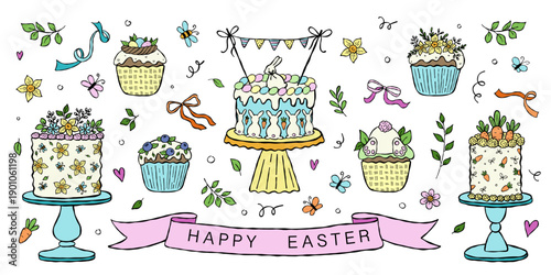 Doodle simple colored Easter cakes with bunny, eggs, flowers, carrots. Festive vector illustration for poster, card, scrapbooking