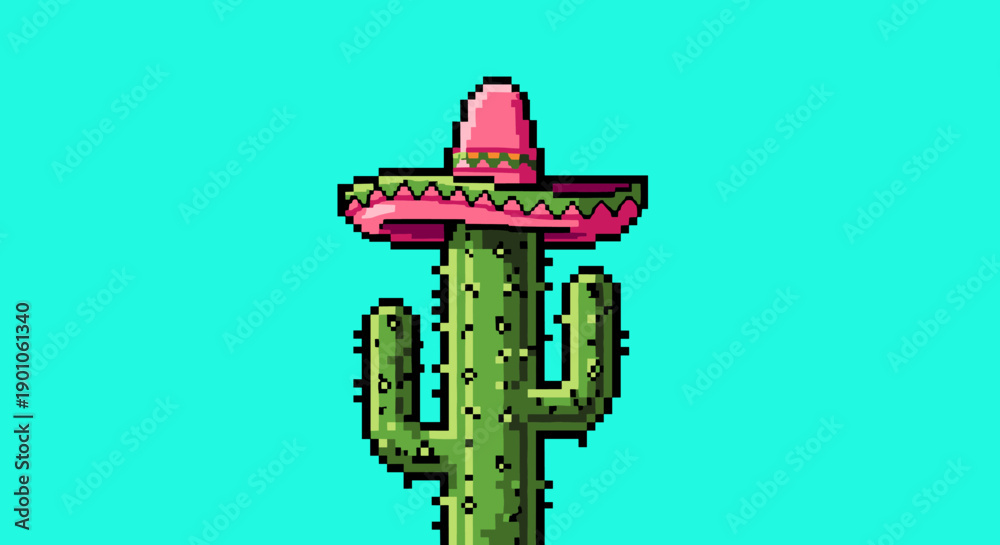 Naklejka premium Pixel art cactus with sombrero on turquoise background