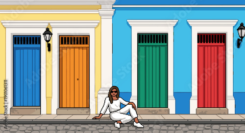 Woman in white outfit sitting against colorful city building with pixel art style