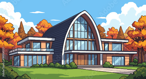 Modern autumn house with glass facade and curved roof in cartoon style