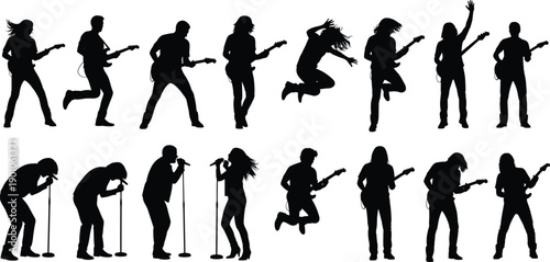 Rock band musician silhouettes performing live on stage with guitars and microphones, dynamic concert poses, energetic music performance set, isolated black vector illustration