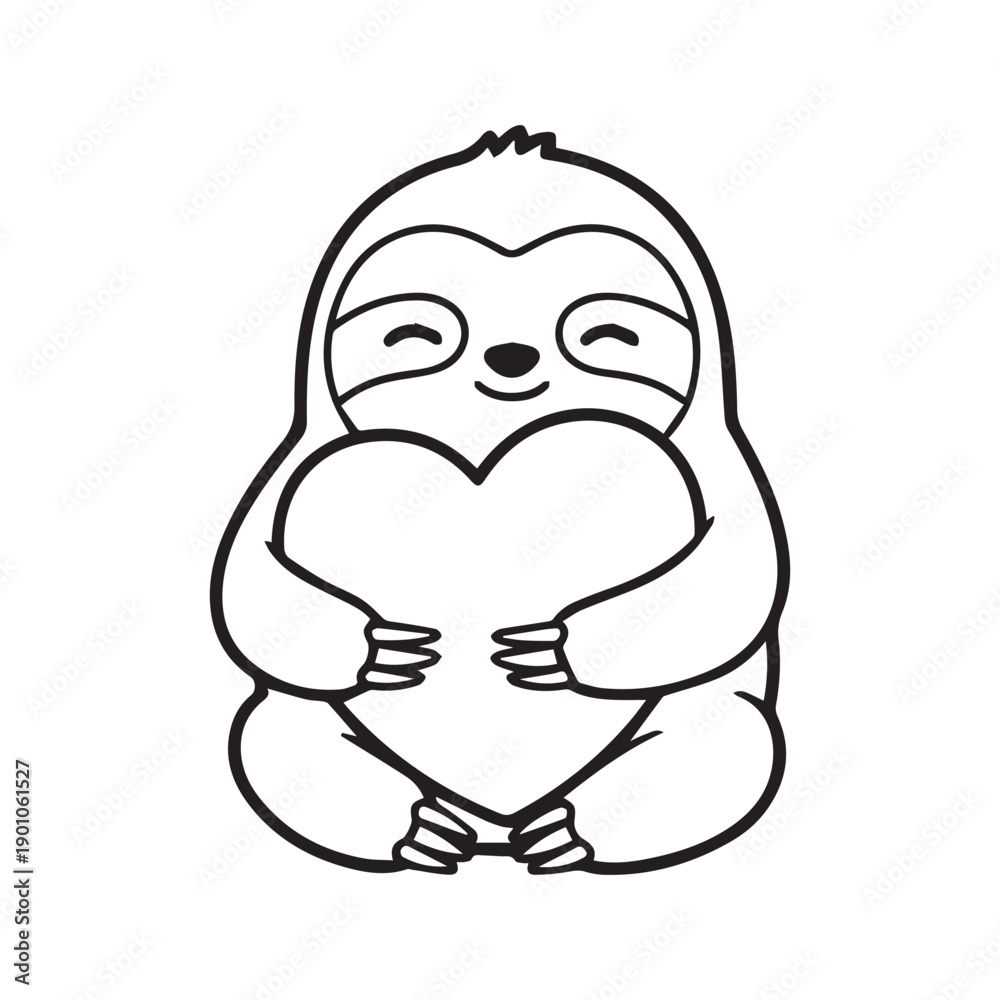 Obraz premium Cute Sloth Hugging a Large Heart Shape Line Art Vector Illustration 