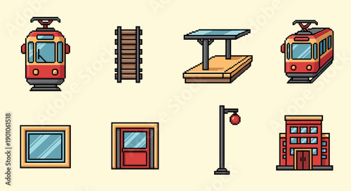 Retro pixel art cityscape elements with tram, tracks, and urban architecture