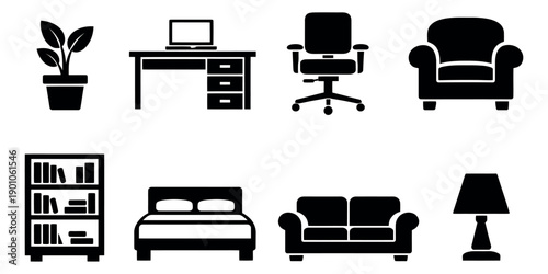 Minimalist home and office furniture icon set featuring a potted plant, desk with laptop, chair, armchair, bookshelf, bed, sofa, and lamp for interior design